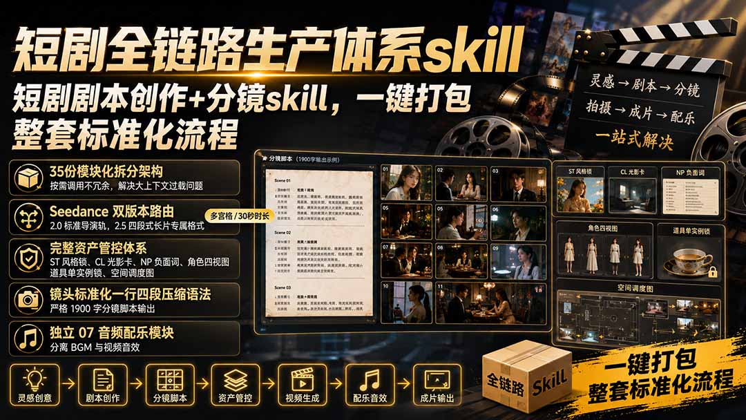 短剧全链路生产体系skill,短剧剧本创作+分镜skill,一键打包,整套标准化流程-副业网创