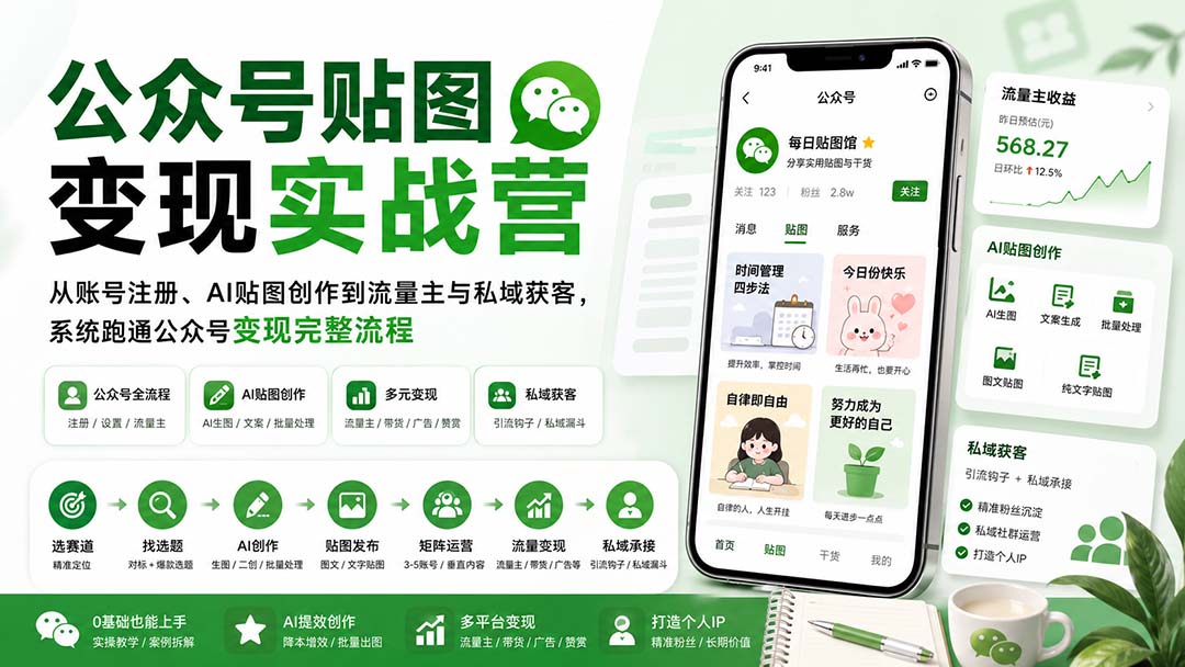 公众号贴图变现实战营：从账号注册、AI贴图创作到流量主与私域获客，系统跑通公众号变现完整流程-副业网创