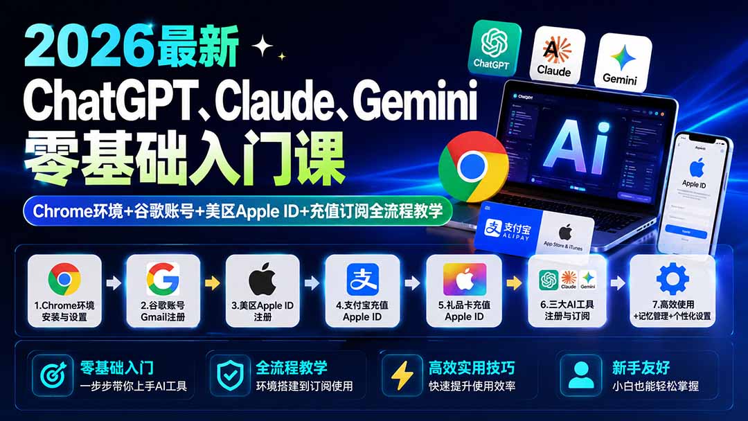2026最新ChatGPT、Claude、Gemini零基础入门课：Chrome环境+谷歌账号+美区Apple ID+充值订阅全流程教学-副业网创