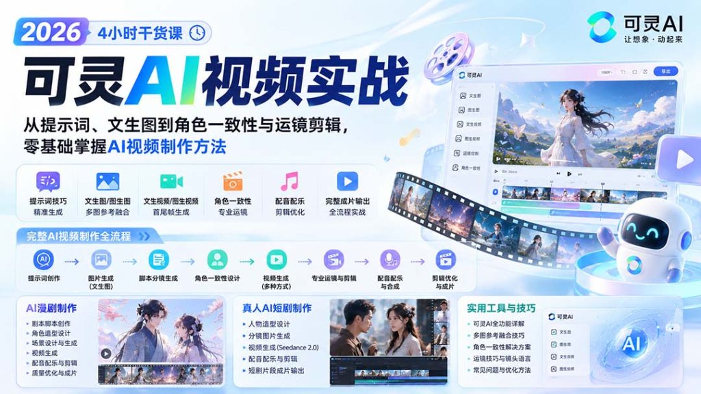 2026可灵AI视频实战-4小时干货课：从提示词、文生图到角色一致性与运镜剪辑，零基础掌握AI视频制作方法-副业网创
