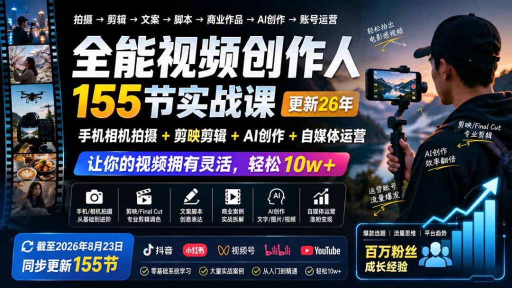 全能视频创作人155节实战课-更新26年8月：手机相机拍摄+剪映剪辑+AI创作+自媒体运营，让你的视频拥有灵活，轻松10w-副业网创
