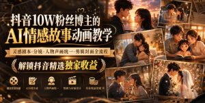 抖音10W粉丝博主的AI情感故事动画教学，灵感剧本‑分镜‑人物声画统一‑剪辑封面全流程，解锁抖音精选独家收益-副业网创