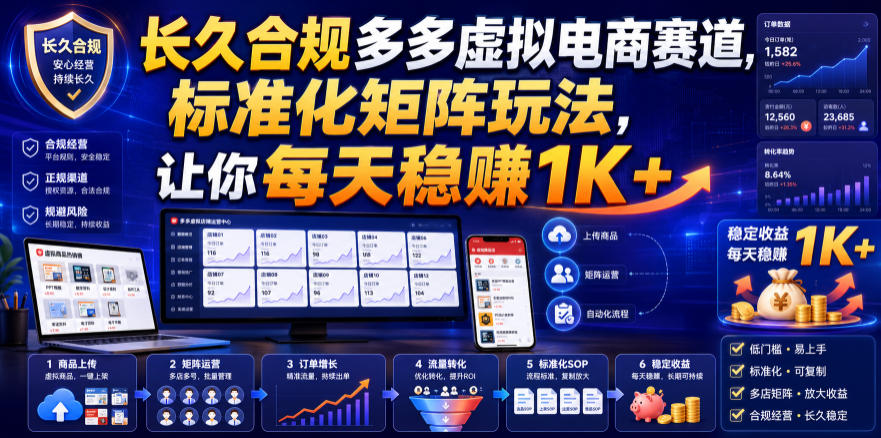 长久合规多多虚拟电商赛道，标准化矩阵玩法，让你每天稳賺1K+【揭秘】-副业网创