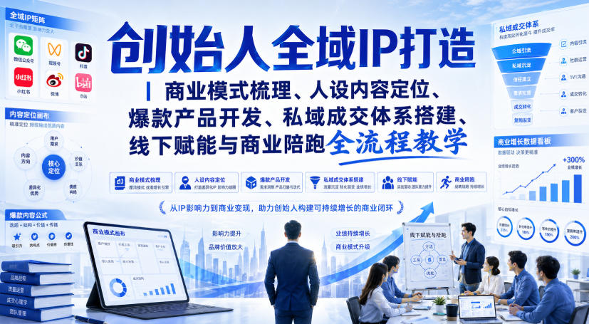 创始人全域IP打造｜商业模式梳理、人设内容定位、爆款产品开发、私域成交体系搭建、线下赋能与商业陪跑全流程教学-副业网创