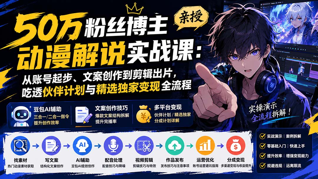 50万粉丝博主亲授动漫解说实战课：从账号起步、文案创作到剪辑出片，吃透伙伴计划与精选独家变现全流程-副业网创