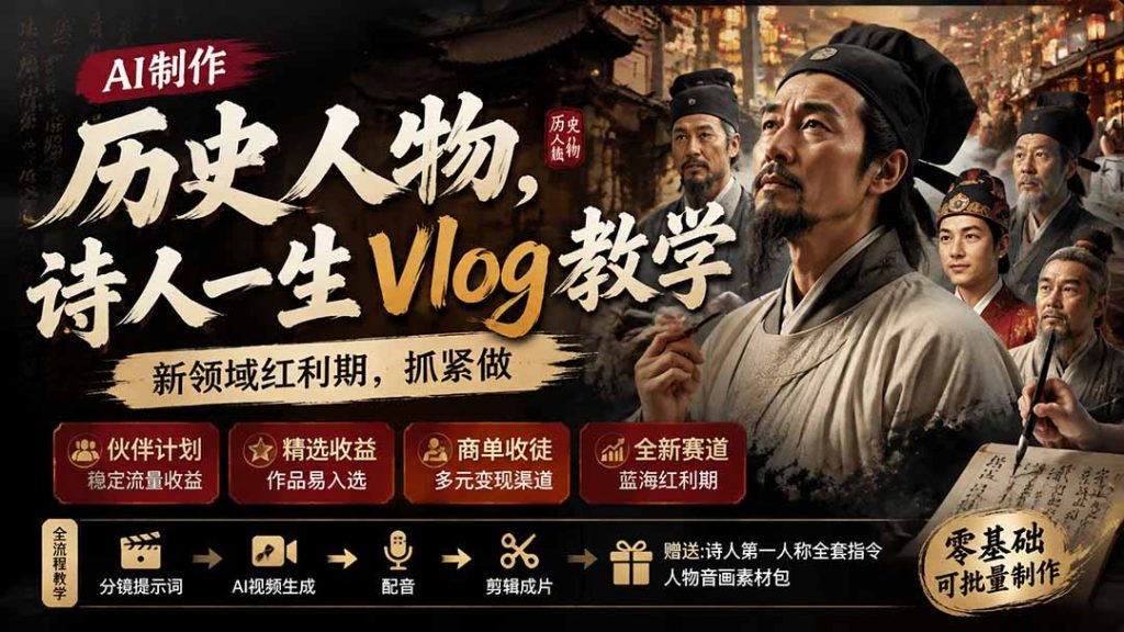 历史人物,诗人一生Vlog教学, AI制作丨伙伴计划丨精选收益丨商单收徒 ,新领域红利期,抓紧做-副业网创