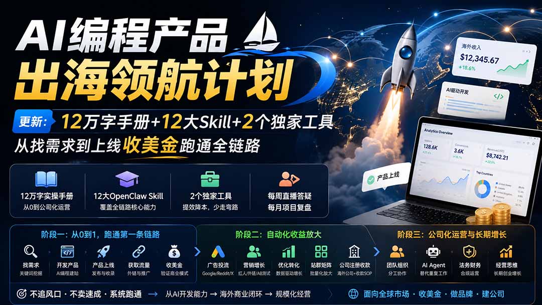 AI编程产品出海领航计划-更新：12万字手册+12大Skill+2个独家工具，从找需求到上线收美金跑通全链路-副业网创