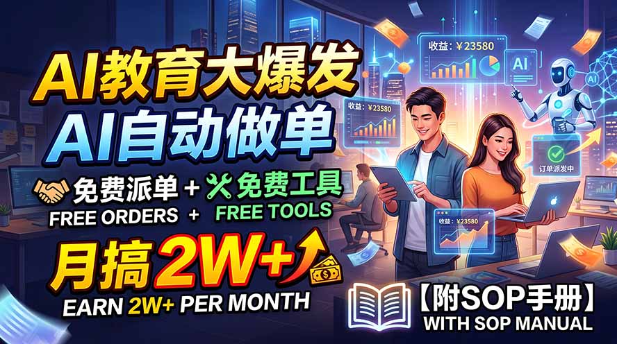 AI教育大爆发，AI自动做单，免费派单+免费工具，月搞2W+【附SOP手册】-副业网创