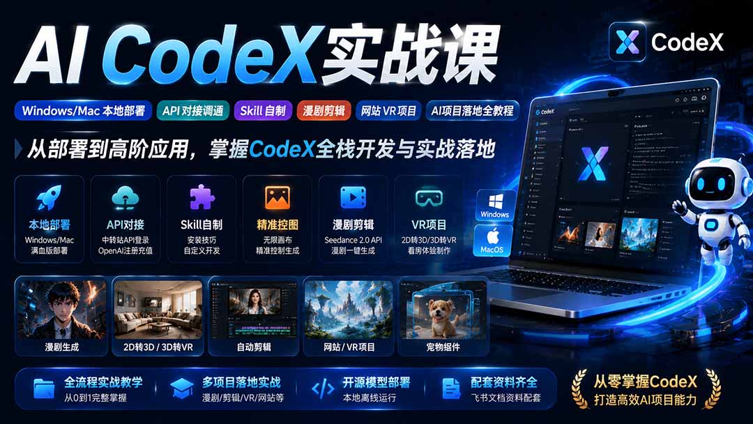 AI CodeX实战课|Windows/Mac 本地部署|API 对接调通|Skill 自制|漫剧剪辑|网站 VR 项目|AI项目落地全教程-副业网创