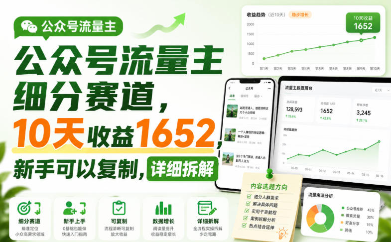 公众号流量主细分赛道，10天收益1652，新手可以复制，详细拆解-副业网创