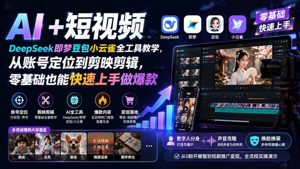 AI+短视频|DeepSeek即梦豆包小云雀全工具教学,从账号定位到剪映剪辑,零基础也能快速上手做爆款-副业网创