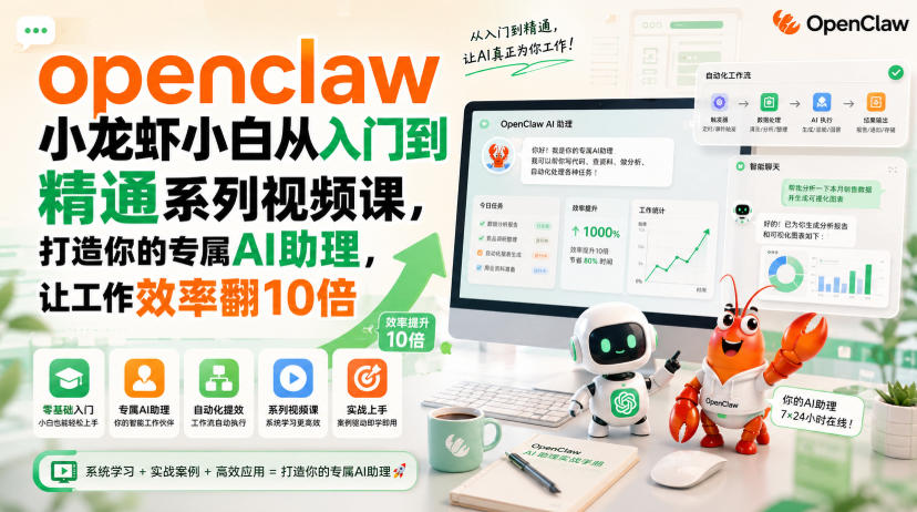 openclaw小龙虾小白从入门到精通系列视频课，打造你的专属AI助理，让工作效率翻10倍-副业网创