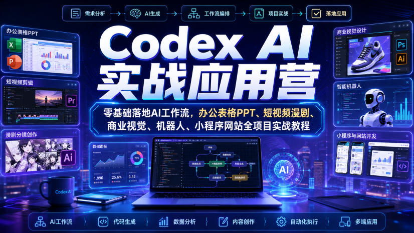 Codex AI实战应用营|零基础落地AI工作流,办公表格PPT、短视频漫剧、商业视觉、机器人、小程序网站全项目实战教程-副业网创