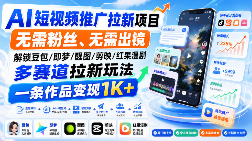 AI短视频推广拉新项目，无需粉丝、无需出镜，解锁豆包/即梦/醒图/剪映/红果漫剧多赛道拉新玩法，一条作品变现1K+-副业网创