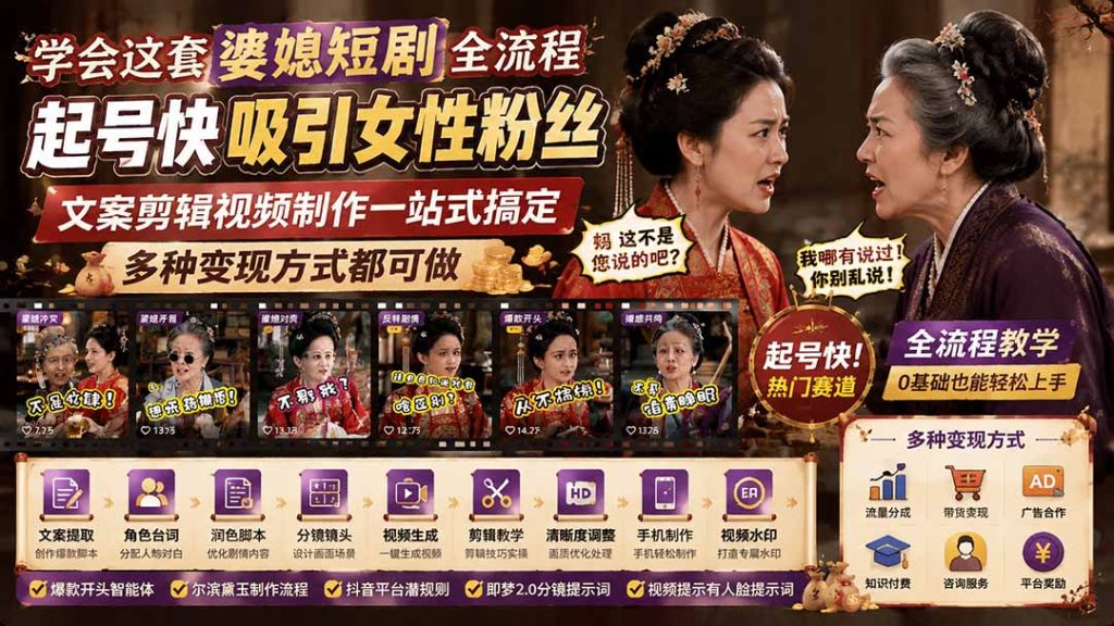 学会这套婆媳短剧全流程:起号快吸引女性粉丝,文案剪辑视频制作一站式搞定,多种变现方式都可做-副业网创