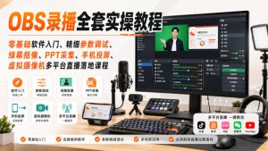OBS录播全套实操教程｜零基础软件入门、精细参数调试、绿幕抠像、手机投屏、虚拟摄像机多平台直播落地课程-副业网创
