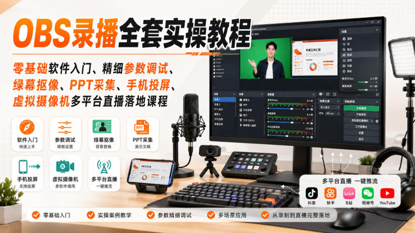 OBS录播全套实操教程｜零基础软件入门、精细参数调试、绿幕抠像、手机投屏、虚拟摄像机多平台直播落地课程-副业网创
