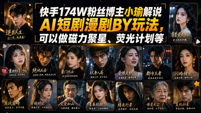快手174W粉丝博主小瑜解说AI短剧漫剧搬运玩法，可以做磁力聚星、荧光计划等-副业网创