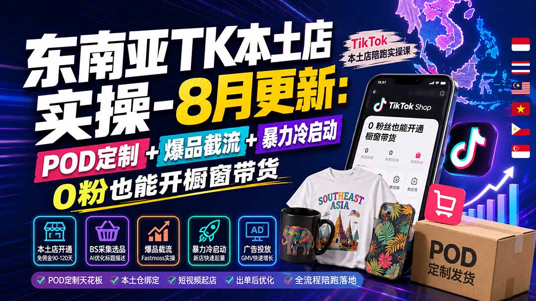东南亚TK本土店实操-8月更新：POD定制+爆品截流+暴力冷启动，0粉也能开橱窗带货-副业网创