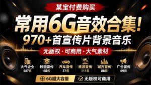 某宝付费购买，常用6G音效合集！970+首宣传片背景音乐，无版权可商用大气素材，分类清晰，高质量内容-副业网创