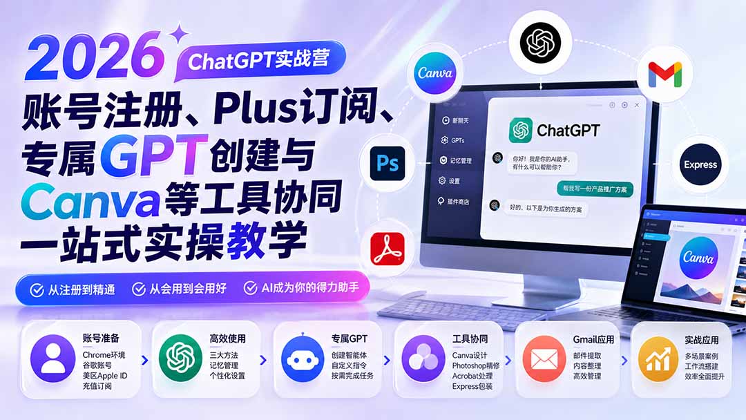 2026 ChatGPT实战营；账号注册、Plus订阅、专属GPT创建与Canva等工具协同一站式实操教学-副业网创