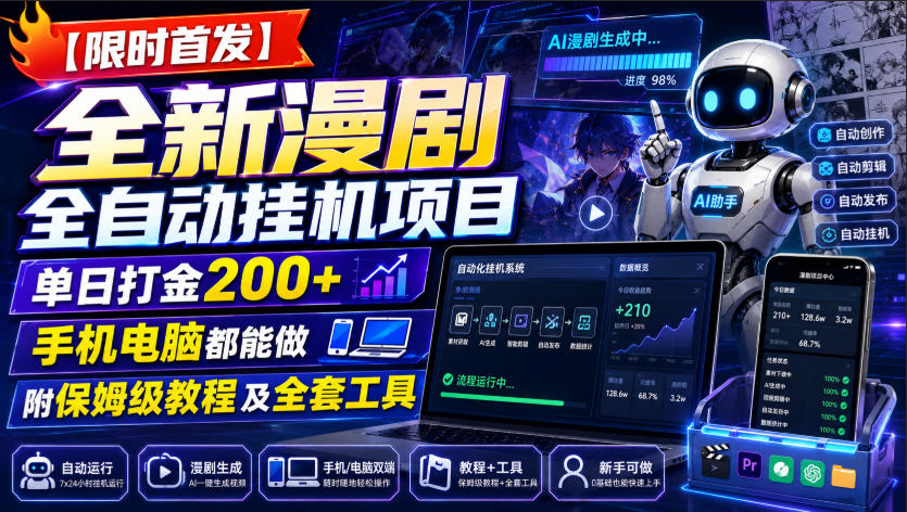 【限时首发】全新漫剧全自动挂G项目，单日打金200+，手机电脑都能做，附保姆级教程及全套工具【揭秘】-副业网创