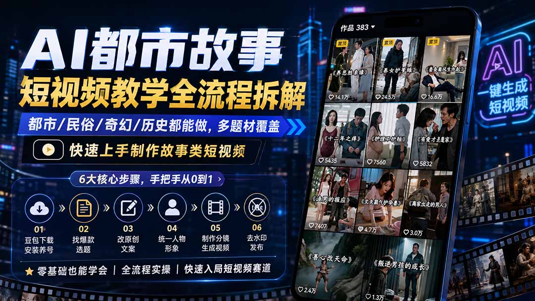AI都市故事短视频教学全流程拆解；都市/民俗/奇幻/历史都能做多题材覆盖，快速上手制作故事类短视频-副业网创