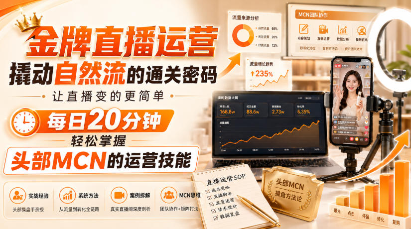 金牌直播运营撬动自然流的通关密码,让直播变的更简单,每日20分钟,轻松掌握头部MCN的运营技能-副业网创