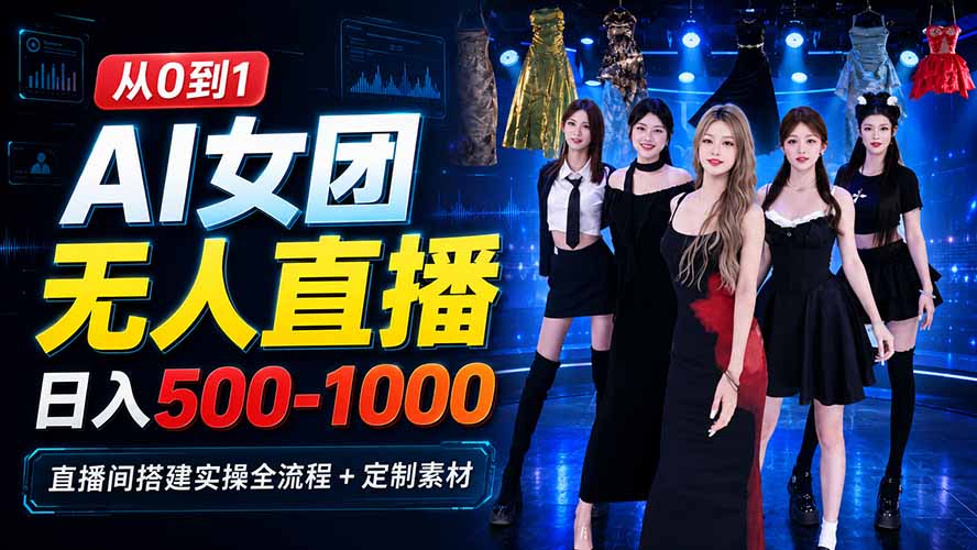 AI 女团无人直播，躺入500-1000每天，直播间搭建实操全流程+定制素材-副业网创