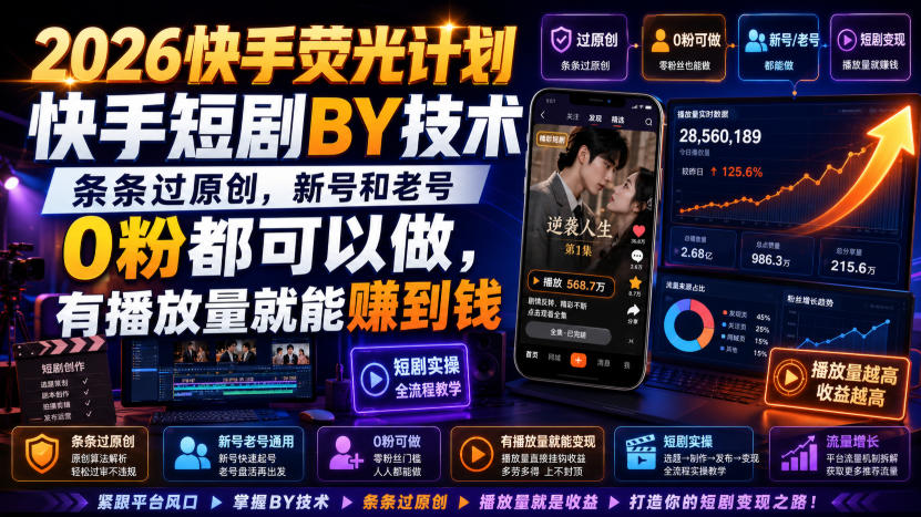 2026快手荧光计划，快手短剧搬运技术，条条过原创，新号和老号0粉都可以做，有播放量就能賺到钱-副业网创