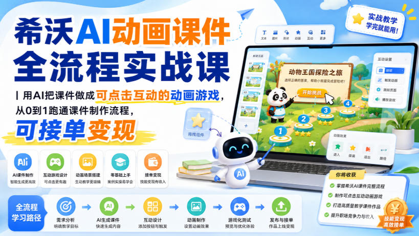 希沃AI动画课件全流程实战课｜用AI把课件做成可点击互动的动画游戏，从0到1跑通课件制作流程，可接单变现-副业网创