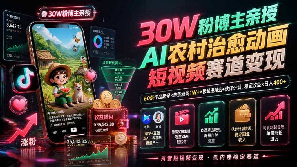 30W粉博主亲授AI农村治愈动画短视频赛道变现:60条作品起号×单条涨粉1W+×极易进精选+伙伴计划,稳定收益×日入400+-副业网创