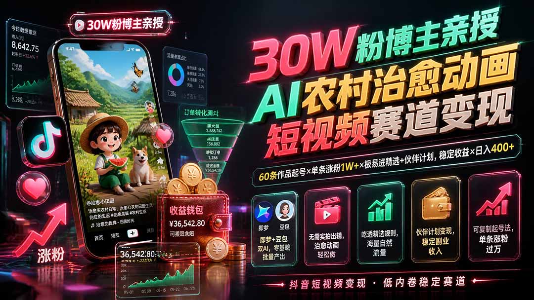 30W粉博主亲授AI农村治愈动画短视频赛道变现:60条作品起号×单条涨粉1W+×极易进精选+伙伴计划,稳定收益×日入400+-副业网创