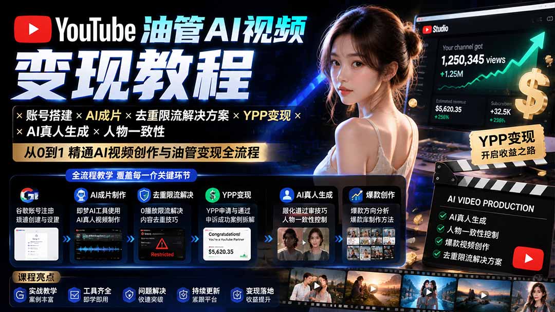 YouTube油管AI视频变现教程：账号搭建×AI成片×去重限流解决方案×YPP变现×AI真人生成×人物一致性-副业网创
