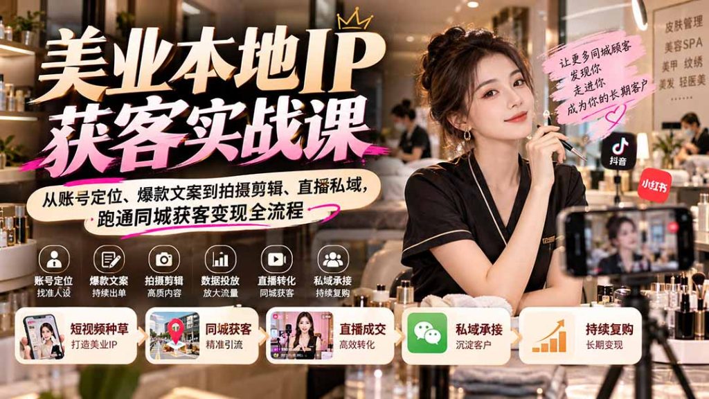 【无水印】美业本地IP获客实战课：从账号定位、爆款文案到拍摄剪辑、直播私域，跑通同城获客变现全流程-副业网创