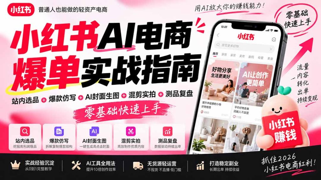 2026小红书AI电商爆单实战指南：站内选品+爆款仿写+AI封面生图+混剪实拍+测品复盘，零基础快速上手-副业网创