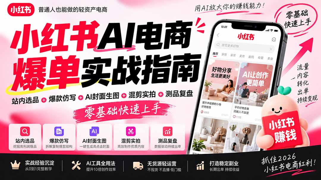 2026小红书AI电商爆单实战指南:站内选品+爆款仿写+AI封面生图+混剪实拍+测品复盘,零基础快速上手-副业网创