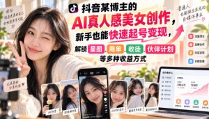 抖音某博主的AI真人感美女创作，新手也能快速起号变现，解锁星图，商单，收徒，伙伴计划等多种收益方式-副业网创