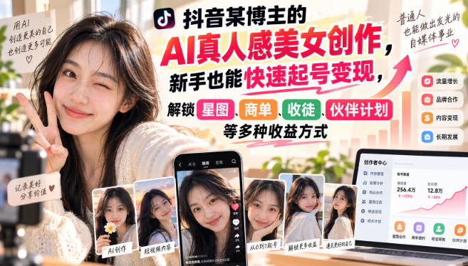抖音某博主的AI真人感美女创作，新手也能快速起号变现，解锁星图，商单，收徒，伙伴计划等多种收益方式-副业网创