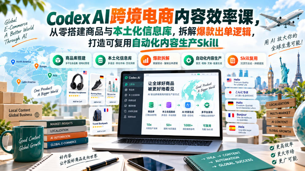 Codex AI跨境电商内容效率课，从零搭建商品与本土化信息库，拆解爆款出单逻辑，打造可复用自动化内容生产Skill-副业网创