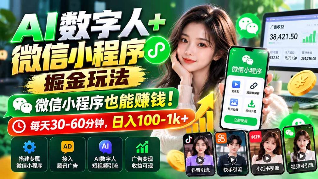 AI数字人+微信小程序掘金玩法：微信小程序也能赚钱！每天30-60分钟，日入100-1k+-副业网创