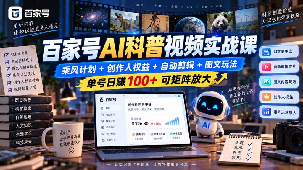 百家号AI科普视频实战课:乘风计划+创作人权益+自动剪辑+图文玩法,单号日赚100+可矩阵放大-副业网创