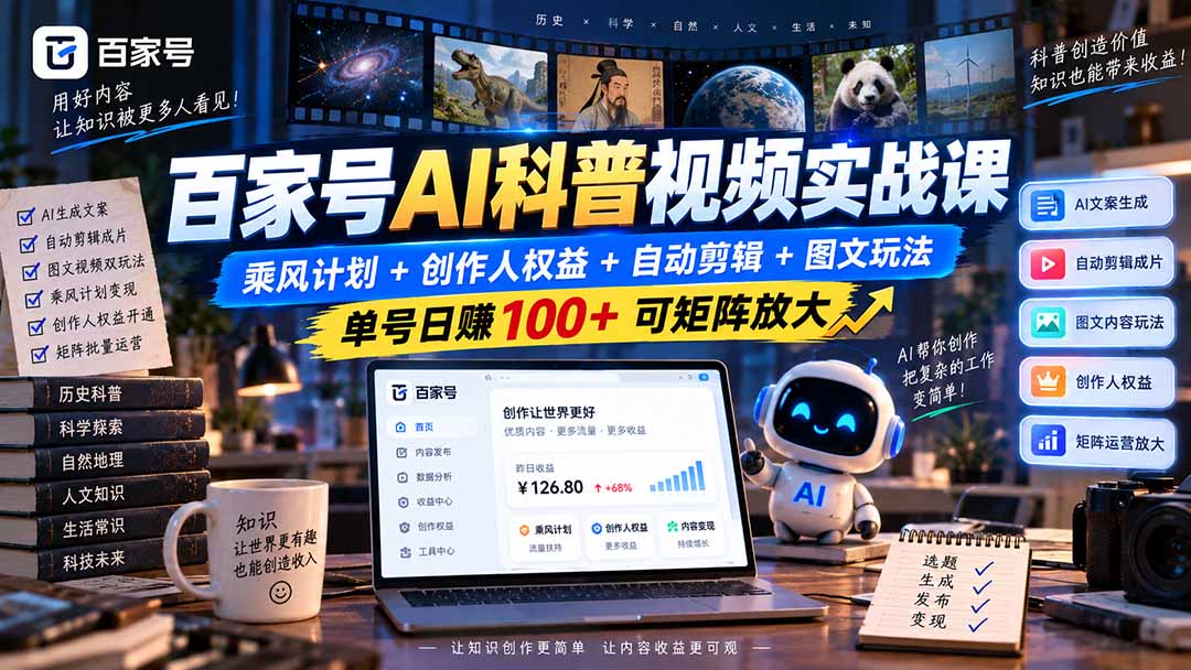 百家号AI科普视频实战课：乘风计划+创作人权益+自动剪辑+图文玩法，单号日赚100+可矩阵放大-副业网创