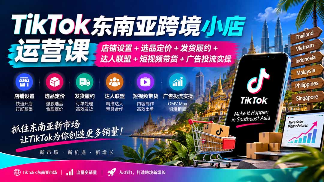 TikTok东南亚跨境小店运营课：店铺设置+选品定价+发货履约+达人联盟+短视频带货+广告投流实操-副业网创