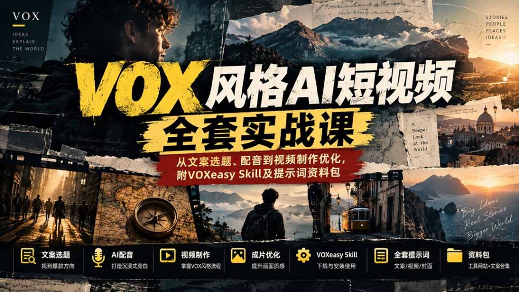 【无水印】VOX风格AI短视频全套实战课：从文案选题、配音到视频制作优化，附VOXeasy Skill及提示词资料包-副业网创