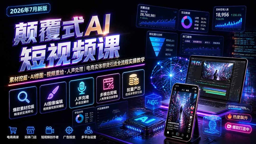 颠覆式AI短视频课-更新|素材挖掘,AI修图,视频重绘,人声处理|电商实体带货引流全流程实操教学-副业网创