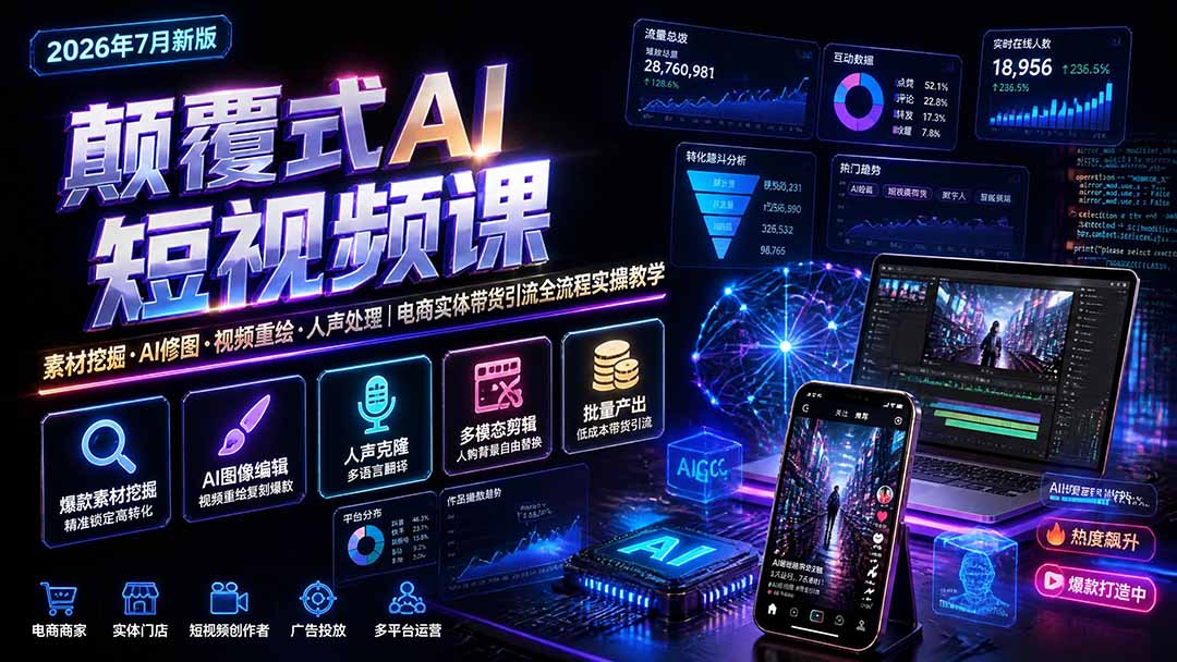 颠覆式AI短视频课-更新|素材挖掘,AI修图,视频重绘,人声处理|电商实体带货引流全流程实操教学-副业网创