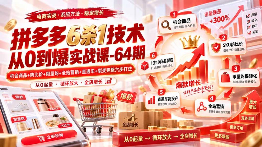 拼多多6杀1技术从0到爆实战课-64期：机会商品+防比价+限量购+全站营销+直通车+裂变完整六步打法-副业网创