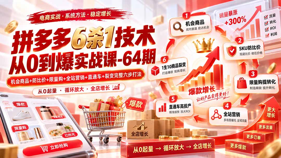 拼多多6杀1技术从0到爆实战课-64期：机会商品+防比价+限量购+全站营销+直通车+裂变完整六步打法-副业网创