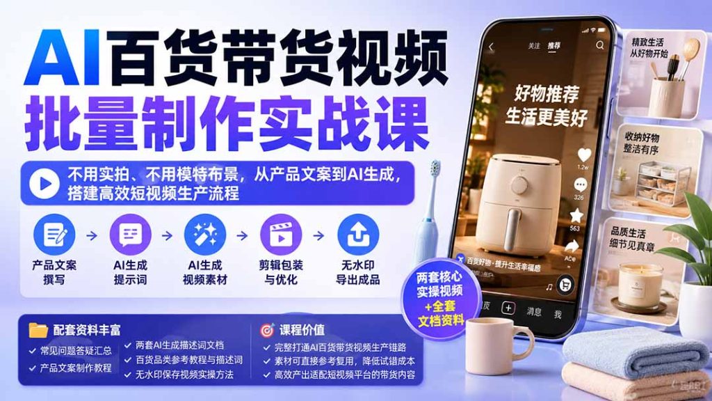 AI百货带货视频批量制作实战课：不用实拍、不用模特布景，从产品文案到AI生成，搭建高效短视频生产流程-副业网创
